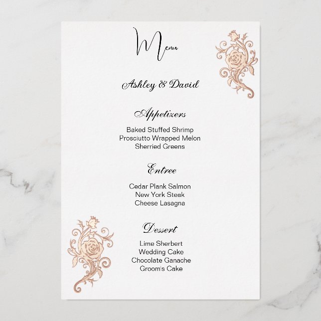 Rose Foil Wedding Menu Card (Front)