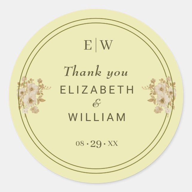Rose Frame – Monogram Celestial Yellow Wedding Classic Round Sticker (Front)