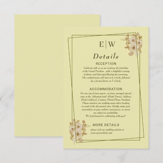 Rose Frame – Monogram Celestial Yellow Wedding Enclosure Card (Front/Back)
