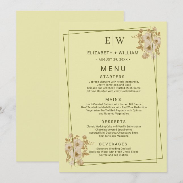Rose Frame – Monogram Celestial Yellow Wedding Menu (Front/Back)