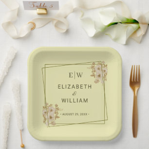 Rose Frame – Monogram Celestial Yellow Wedding Paper Plate