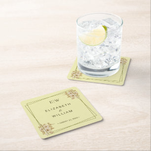 Rose Frame – Monogram Celestial Yellow Wedding Square Paper Coaster