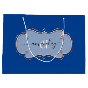 Rose  Framed Royal Monogram Name Blue Large Gift Bag