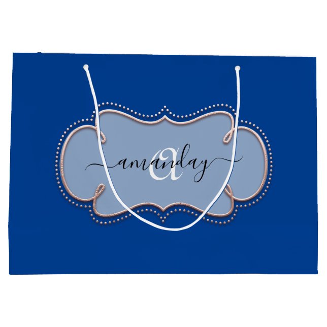 Rose  Framed Royal Monogram Name Blue Large Gift Bag (Back)
