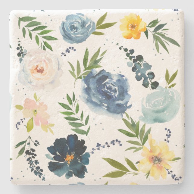 Rose Garden Botanical Wildflowers Watercolor  Stone Coaster (Front)