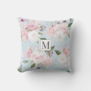 Rose Garden Elegant Floral Monogram Throw Pillow