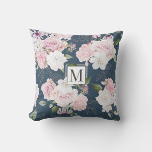 Rose Garden Elegant Floral Monogram Throw Pillow