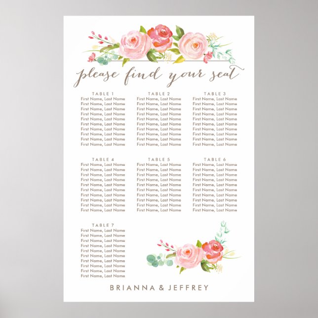 Rose Garden Floral Seating Chart | 7 Tables (Front)