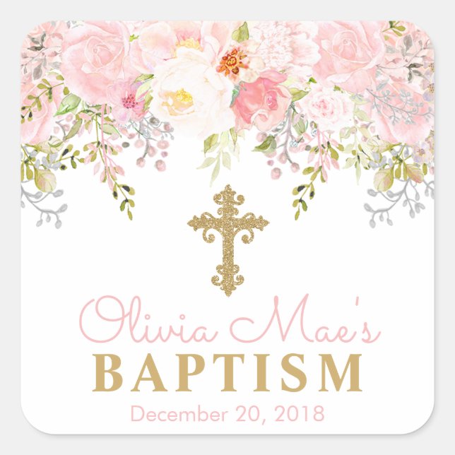 Rose Garden Girl Baptism Square Stickers (Front)