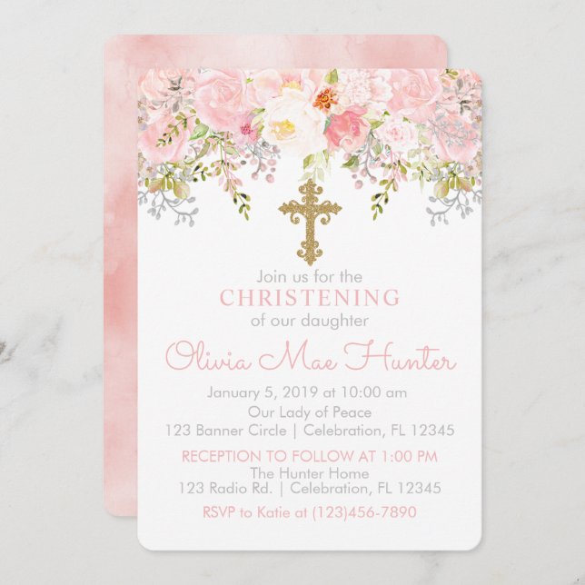 Rose Garden Girl Christening Invitation (Front/Back)