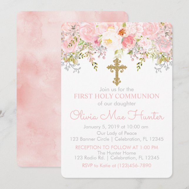 Rose Garden Girl First Holy Communion Invitation (Front/Back)