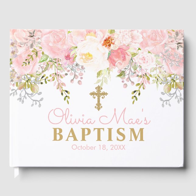 Rose Garden Girl Pink & Gold Baptism Guest Book (Front)
