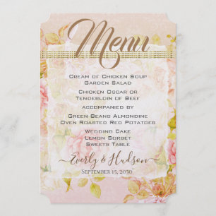 Rose Garden Pink Roses Gold Photo Wedding Menu
