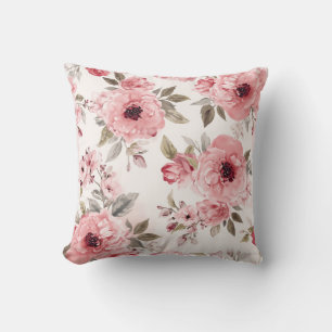 Rose Garden Pink Watercolor Floral Blush Botanical Cushion