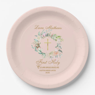 Rose Garland First Holy Communion Blush Pink Paper Plate