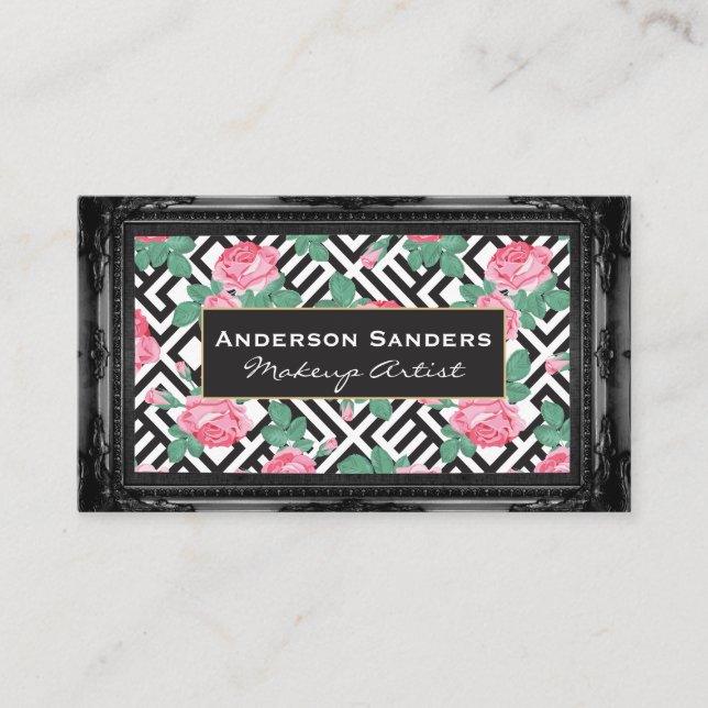 Rose Geometric Pattern | Antique Black Border Business Card (Front)
