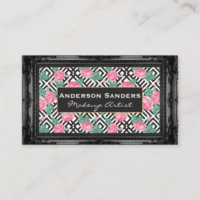 Rose Geometric Pattern | Antique Black Border Business Card (Front)