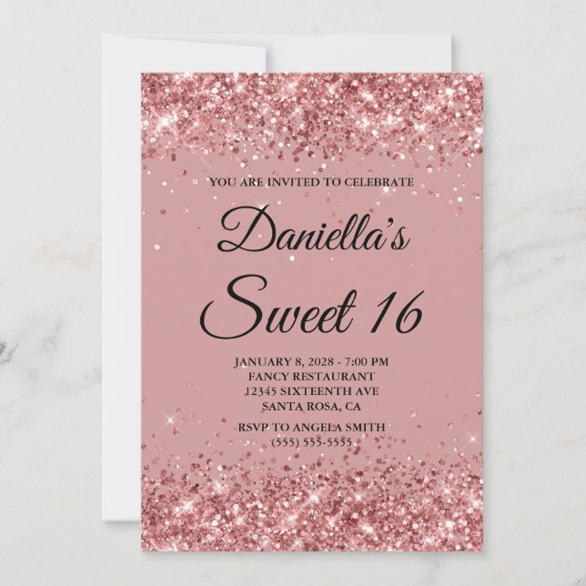 Rose Glitter and Dusty Pink Sweet 16 Invitation (Front)