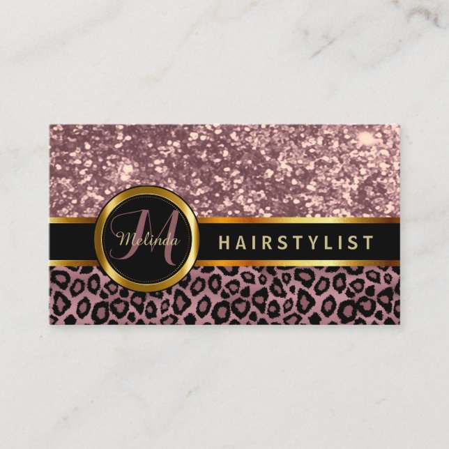 Rose Glitter and Leopard Skin - Hairstylist Business Card (Front)