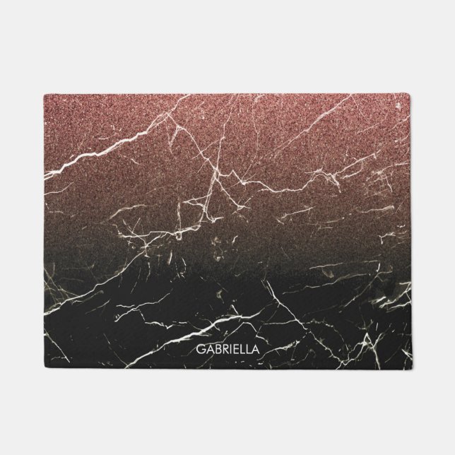 Rose Glitter Black Marble Doormat (Front)