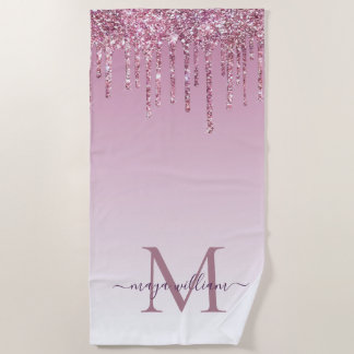 Rose Glitter Drips Personalised Monogram and name Beach Towel