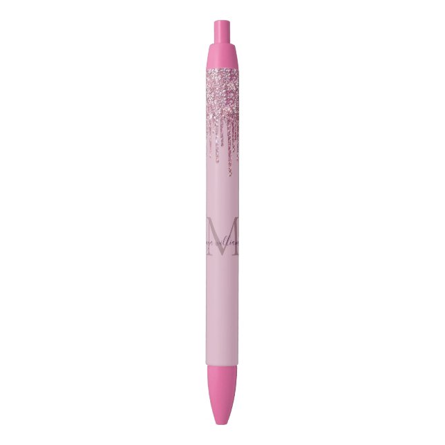  Rose Glitter Drips Personalised Monogram And Name Black Ink Pen (Front Vertical)