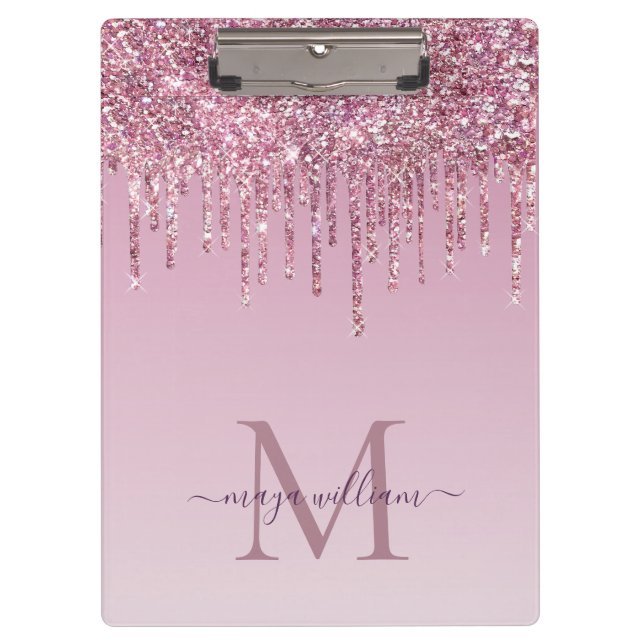  Rose Glitter Drips Personalised Monogram And Name Clipboard (Front)