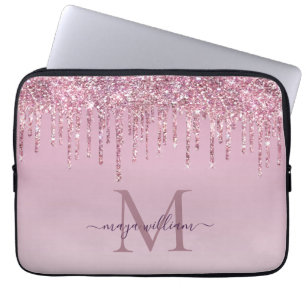 Rose Glitter Drips Personalised Monogram And Name Laptop Sleeve
