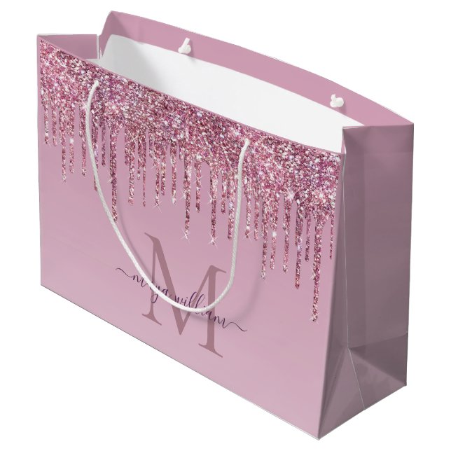  Rose Glitter Drips Personalised Monogram And Name Large Gift Bag (Back Angled)