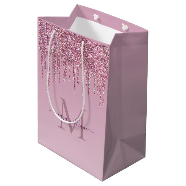  Rose Glitter Drips Personalised Monogram And Name Medium Gift Bag (Back Angled)