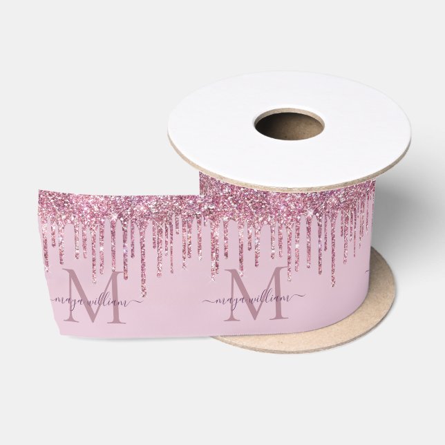  Rose Glitter Drips Personalised Monogram And Name Satin Ribbon (Spool)