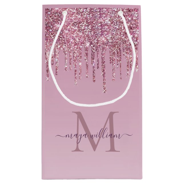  Rose Glitter Drips Personalised Monogram And Name Small Gift Bag (Back)