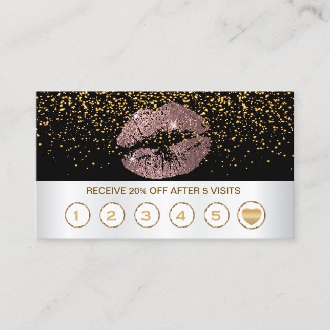 Rose Glitter Lips Loyalty Cards on Black & White (Front)