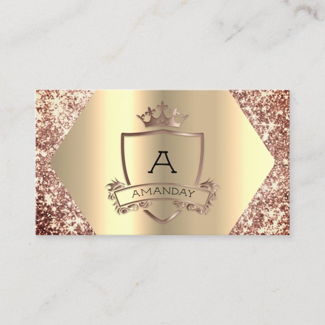 Rose Glitter Makeup Hairdresser Monogram Crown Business Card (Front)