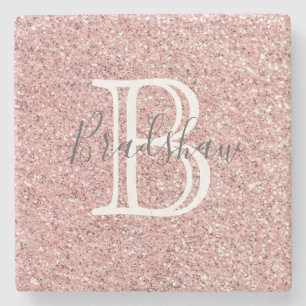  Rose Glitter  Monogram Name  Stone Coaster