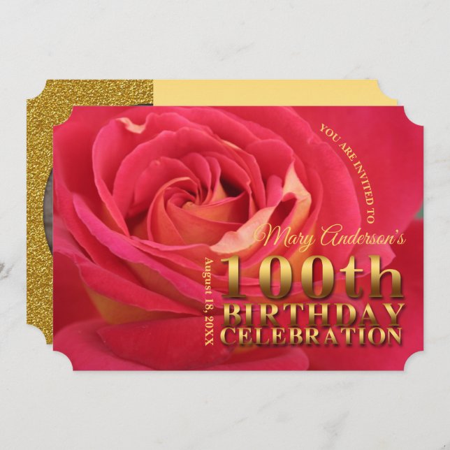 Rose Gold 100th Birthday Celebration add Photo Inv Invitation (Front/Back)
