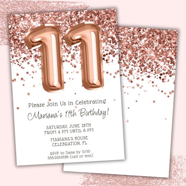 Rose Gold 11th Birthday Party Invitation (Creator Uploaded)
