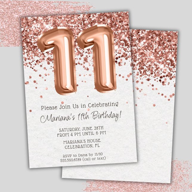 Rose Gold 11th Birthday Party Invitation (Creator Uploaded)
