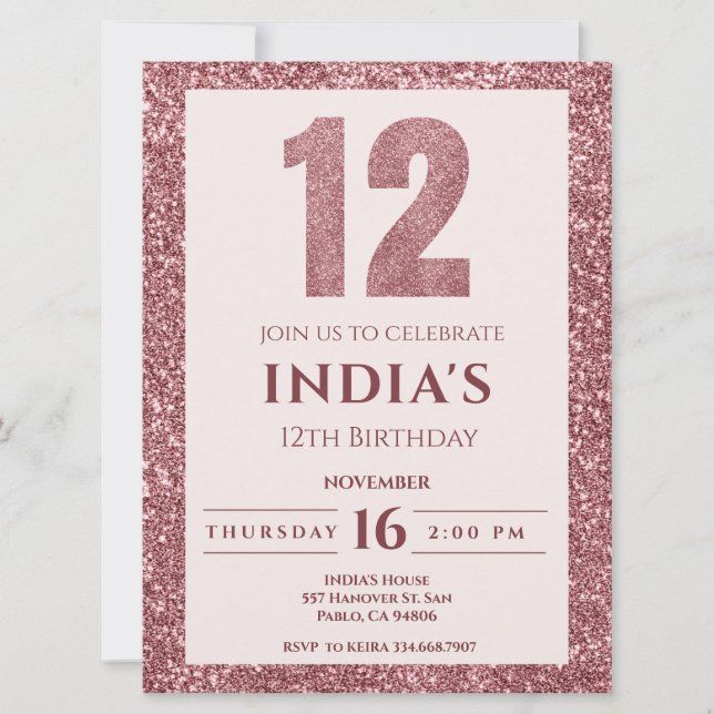 rose gold 12th birthday invitation (Front)