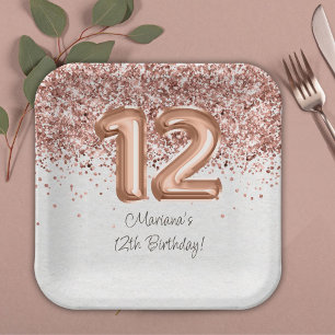 Rose Gold 12th Birthday Party Paper Plate