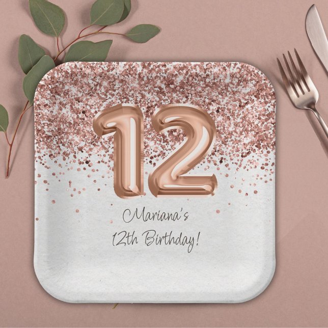  Rose Gold 12th Birthday Party Paper Plate (Creator Uploaded)