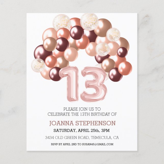 Rose Gold 13th Thirteen Budget Balloon Arch Number (Front)