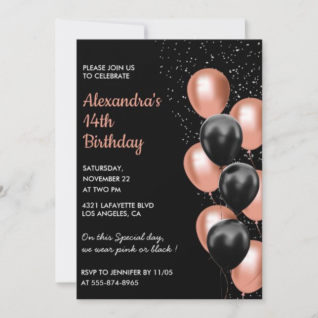 Rose gold 14th birthday invitation Balloon Black (Front)
