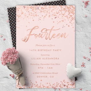 Rose Gold 14th Birthday Party Invitation Faux Foil