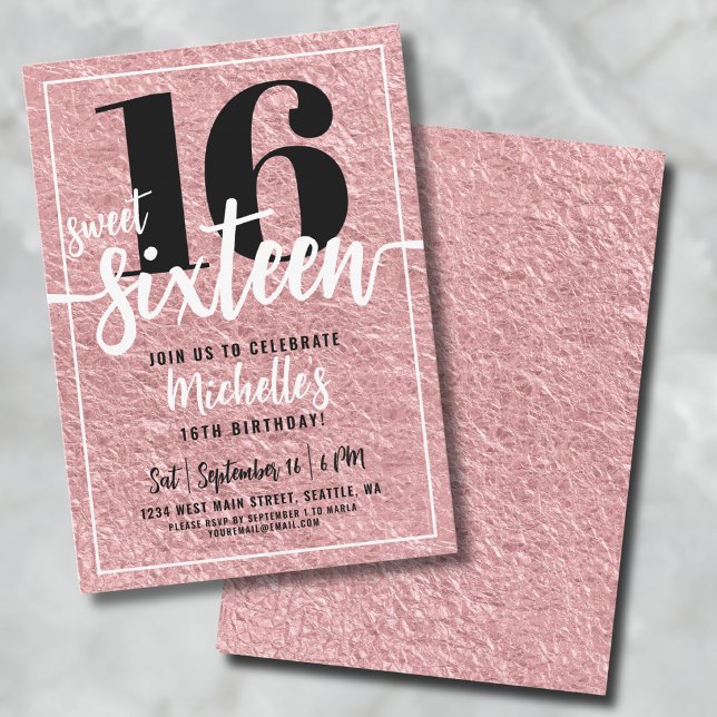 Rose Gold 16th Birthday Party Invitation (Rose Gold Sweet Sixteen 16th Birthday Party Invitation)