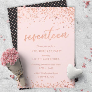 Rose Gold 17th Birthday Invitation Faux Foil