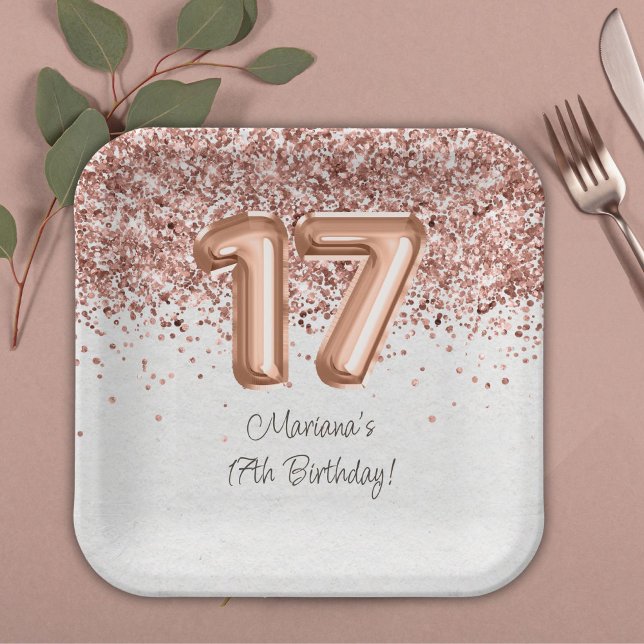  Rose Gold 17th Birthday Party Paper Plate (Creator Uploaded)