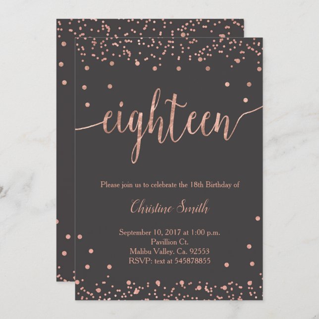 Rose Gold 18th Birthday Celebration Invitation (Front/Back)