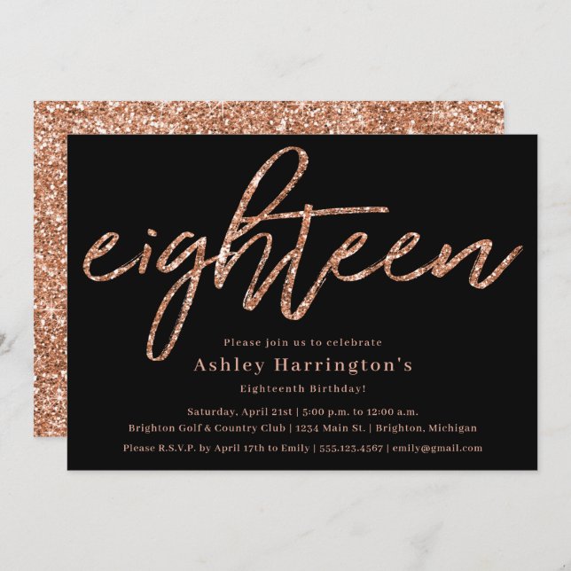 Rose Gold 18th Birthday Invitation with Glitter (Front/Back)