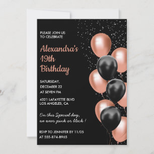 Rose gold 19th birthday invitation Balloon Black